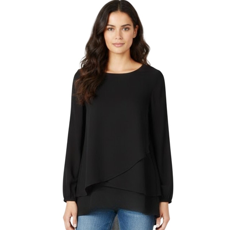 White House Black Market Black Layered Tulip Front Blouse Size 6 Euc